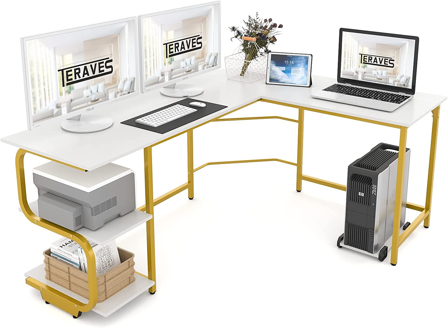 Teraves Reversible L Shaped Desk with Shelves 61“ Computer Desk Gaming Desk for Home Office Corner Office Desk for Small Space